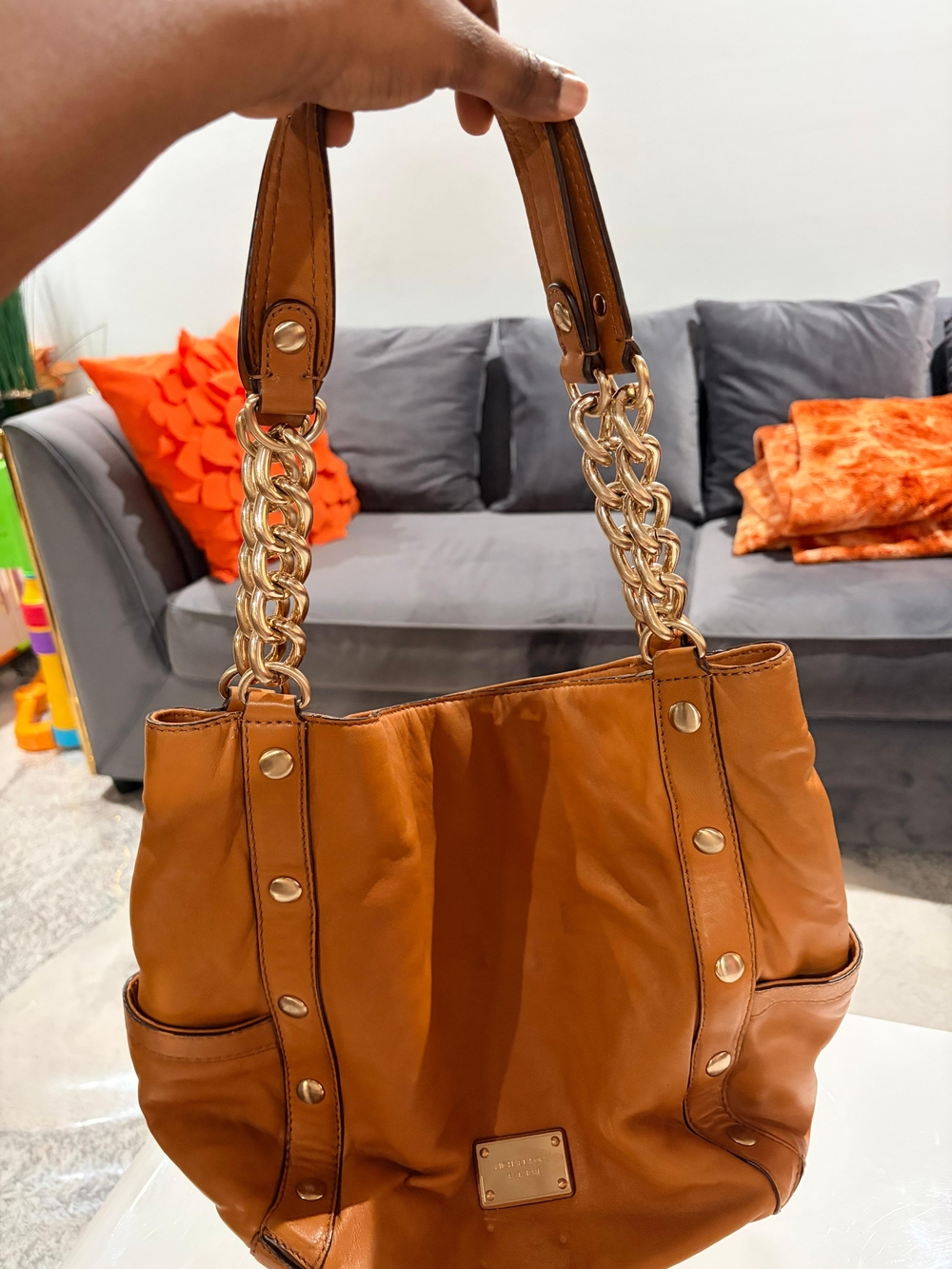 MICHAEL Michael Kors Tan Leather Shoulder Bag with Gold Chain Handles